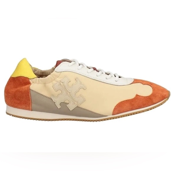 TORY BURCH TORY SNEAKER NYLON/LEATHER/SUEDE T LOGO IVORY/TAN/RUST SZ US 11 - Picture 1 of 8